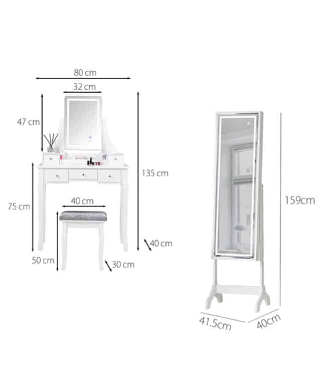 Savannah x Lexi White LED Mirror Dressing Table and Mirror Jewellery Cabinet Set