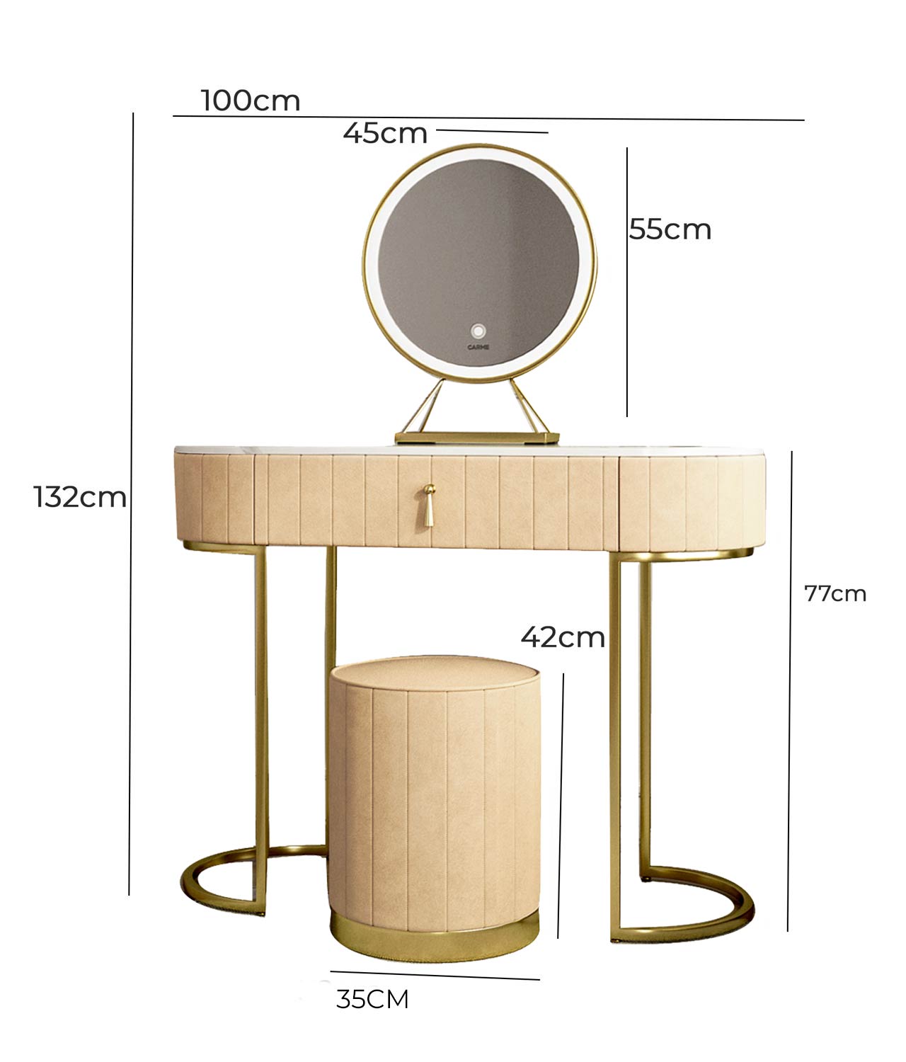 Miami Deco Cream Velvet Dressing Table With LED Touch Sensor Mirror