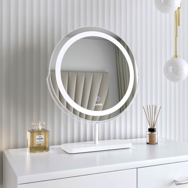 Piper White Dressing Table with Ava LED Mirror & Hailey Bouclé Storage Stool