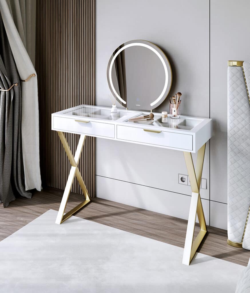Jess White/Gold Dressing Table With Maisie LED Mirror