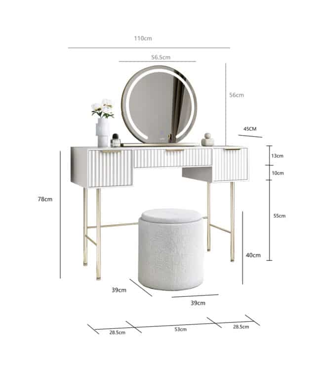Lara White Dressing Table with Elsie LED Mirror & Hailey Bouclé Storage Stool