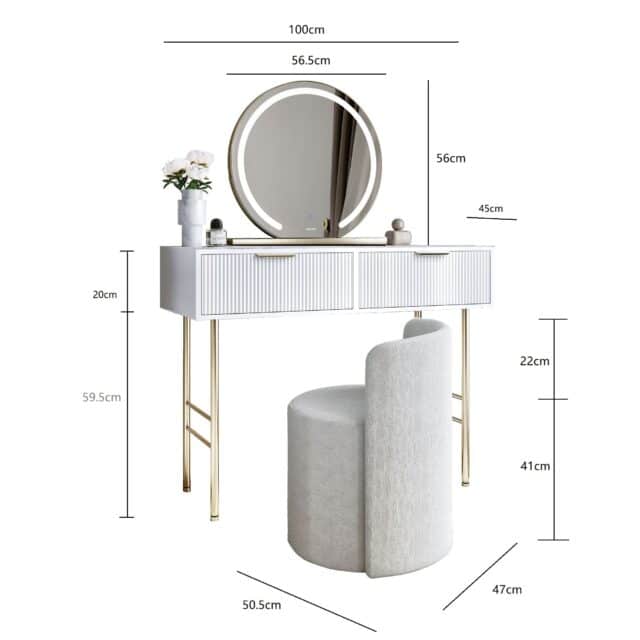 Esme White Dressing Table with Elsie LED Mirror & Lottie Bouclé Stool