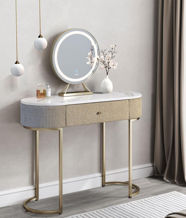 Romy Mocha Bouclé Dressing Table with Evie LED Mirror