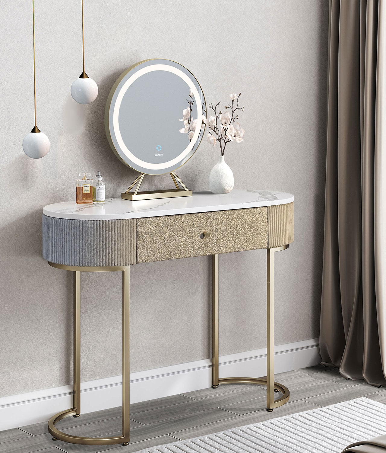 Romy Mocha Bouclé Dressing Table with Evie LED Mirror