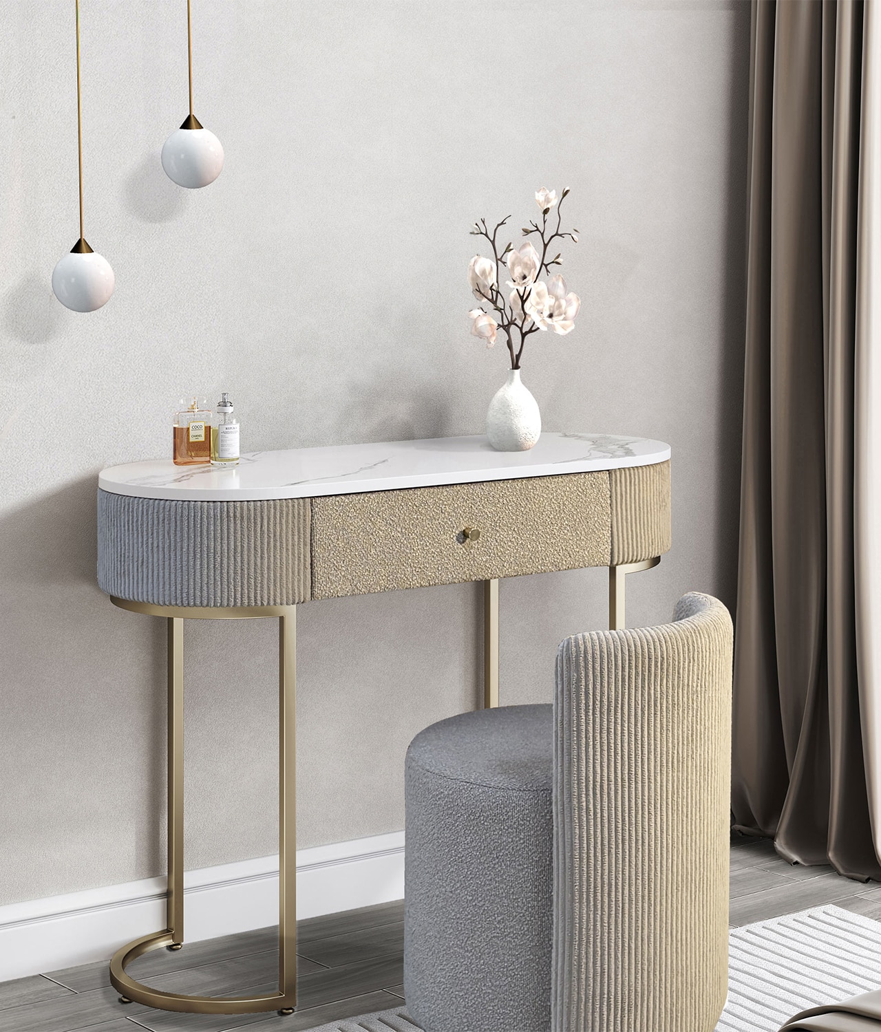 Romy Mocha Bouclé Dressing Table with Hattie Bouclé Stool