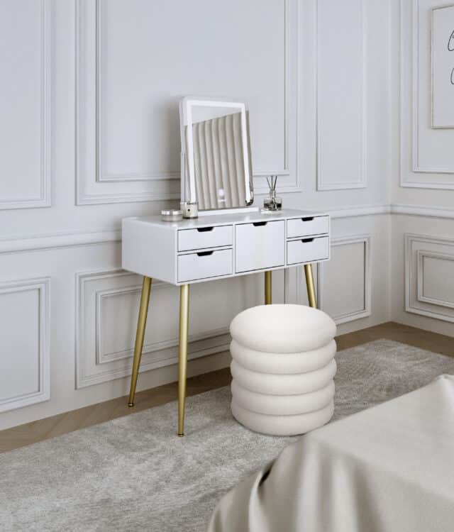 Gabriella White Dressing Table with Mia LED Mirror & Daisy Ivory Bouclé Storage Stool