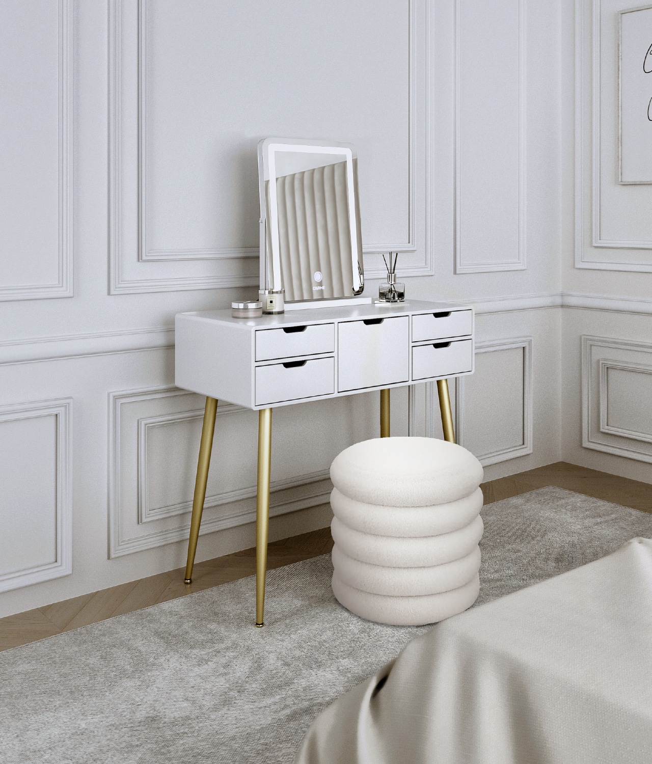 Gabriella White Dressing Table with Mia LED Mirror & Daisy Ivory Bouclé Storage Stool