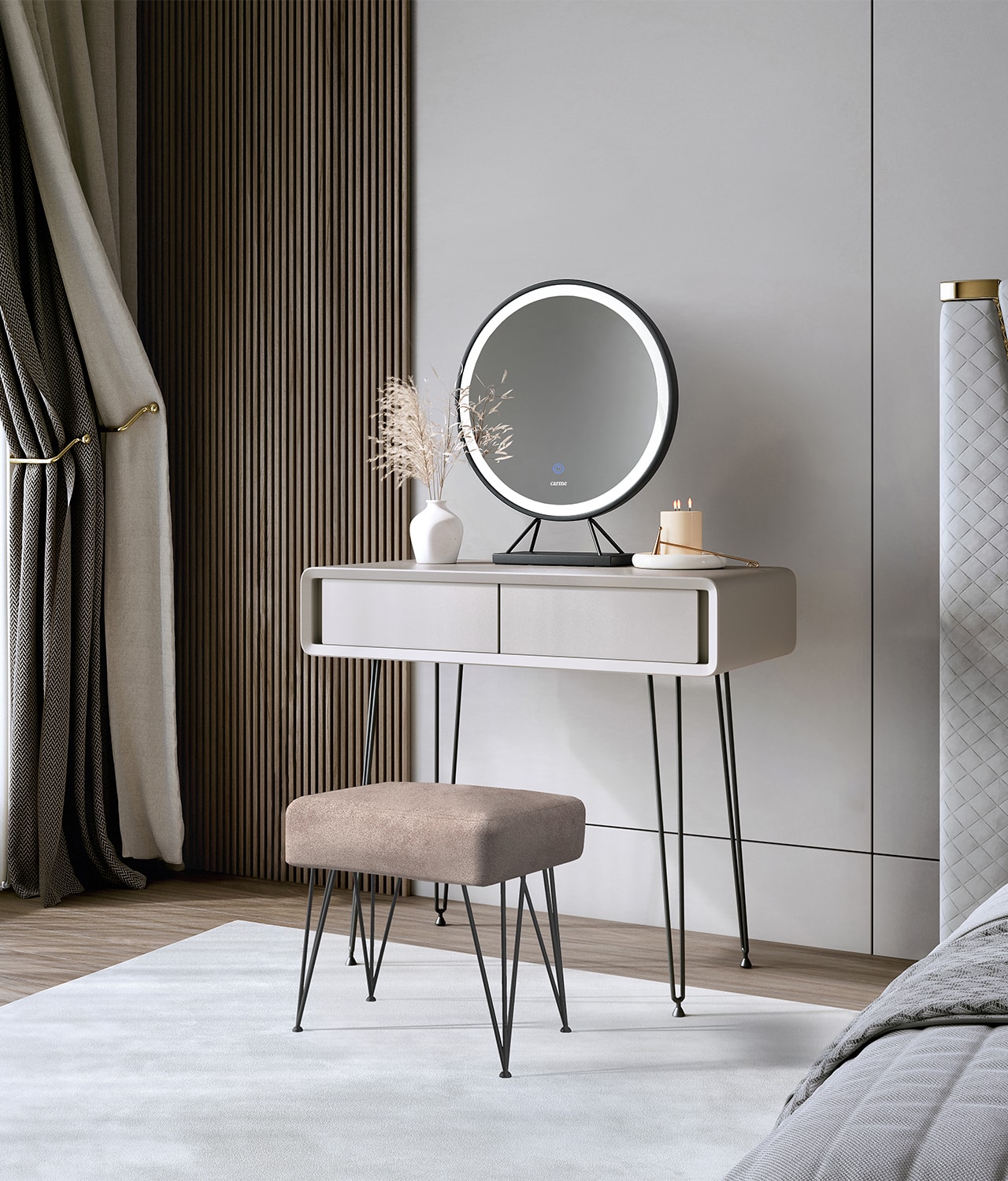 Piper Mocha Dressing Table with Black Belle LED Mirror & Olivia Stool