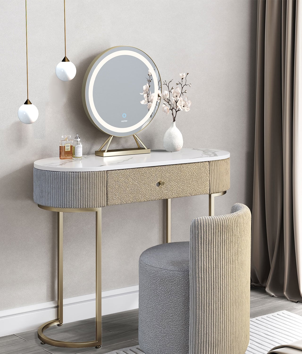 Romy Mocha Bouclé Dressing Table with Evie LED Mirror & Hattie Bouclé Stool