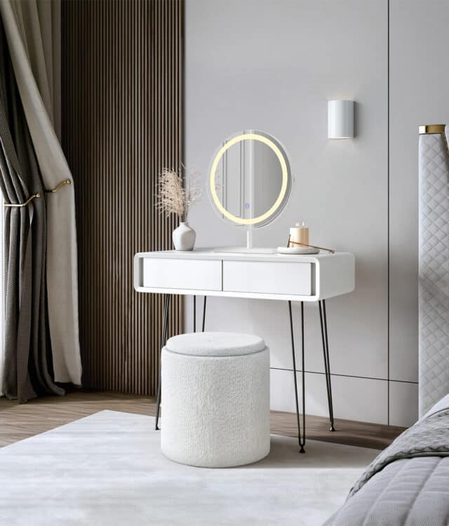 Piper White Dressing Table with Ava LED Mirror & Hailey Bouclé Storage Stool