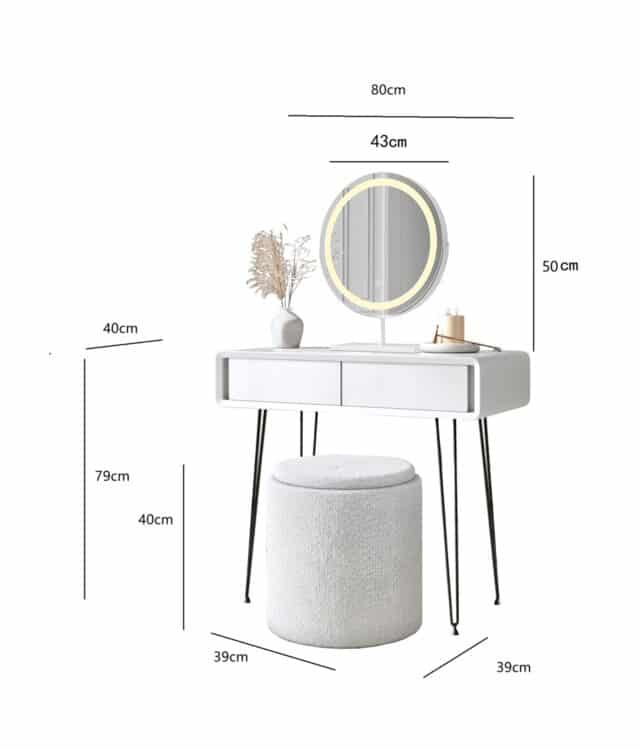 Piper White Dressing Table with Ava LED Mirror & Hailey Bouclé Storage Stool