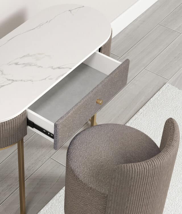 Romy Mocha Bouclé Dressing Table with Evie LED Mirror & Hattie Bouclé Stool